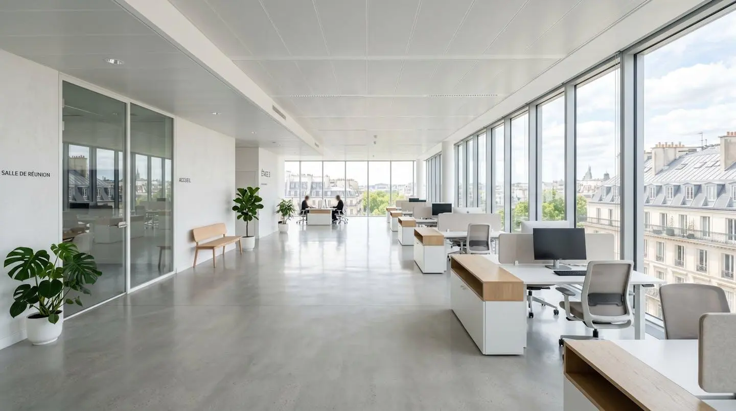 Intérieur d'un bureau PME contemporain avec larges baies vitrées, mobilier épuré et lumière naturelle abondante