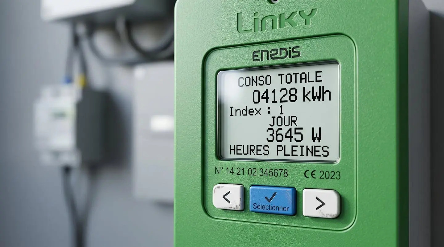 Gros plan sur un compteur électrique Linky professionnel avec son affichage numérique et ses boutons d'interface