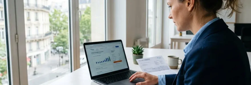 Une responsable administrative concentrée consulte une facture d'électricité sur son ordinateur portable dans un bureau moderne et lumineux