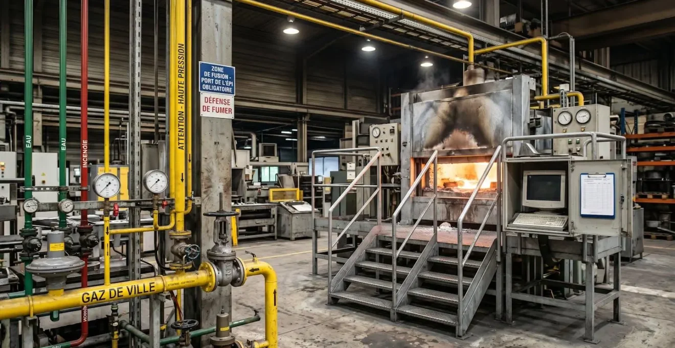 Atelier industriel français équipé de fours et chaudières à gaz naturel, avec tuyauterie de distribution visible et équipements de production en fonctionnement