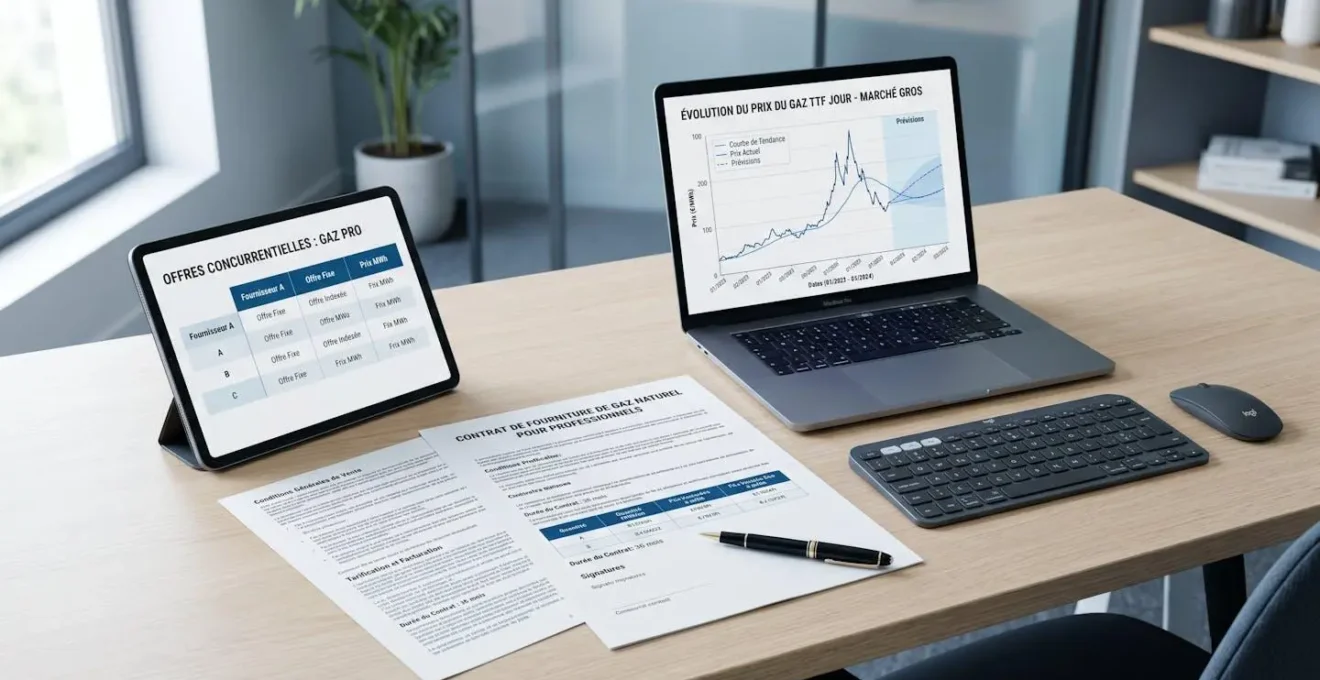 Bureau professionnel avec contrats de fourniture de gaz et graphiques d'évolution des prix TTF affichés sur écran, documentant le processus de négociation tarifaire