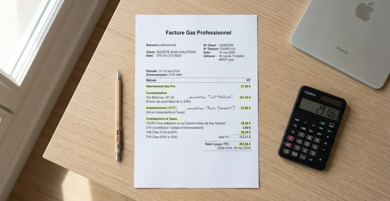 Facture professionnelle de gaz naturel posée sur un bureau avec annotations mettant en évidence les différentes composantes tarifaires : fourniture, acheminement, TICGN et TVA