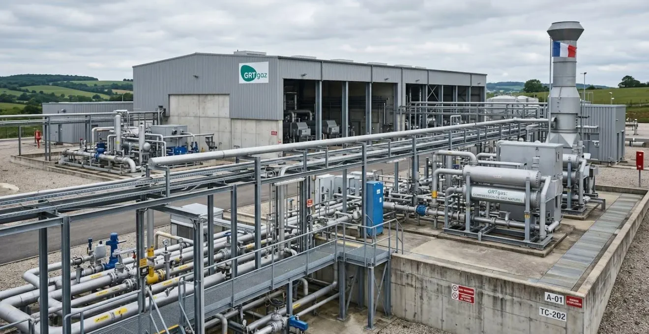 Installation industrielle de stockage et transport de gaz naturel en France, avec réservoirs métalliques et canalisations de distribution visibles sous un ciel nuageux