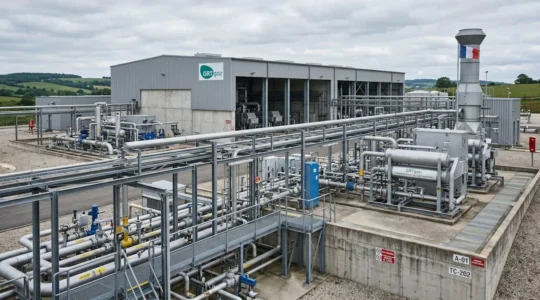 Installation industrielle de stockage et transport de gaz naturel en France, avec réservoirs métalliques et canalisations de distribution visibles sous un ciel nuageux