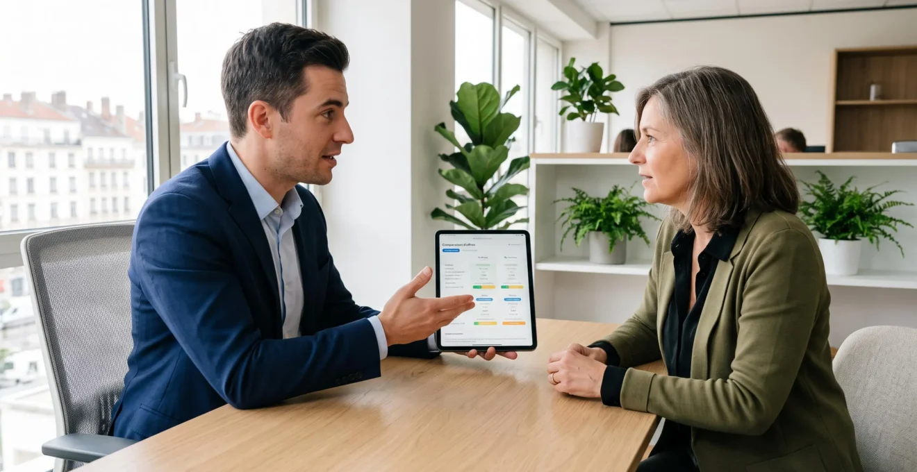 Conseiller courtier en énergie présentant un comparatif d'offres sur tablette à un chef d'entreprise lors d'un rendez-vous dans un bureau professionnel