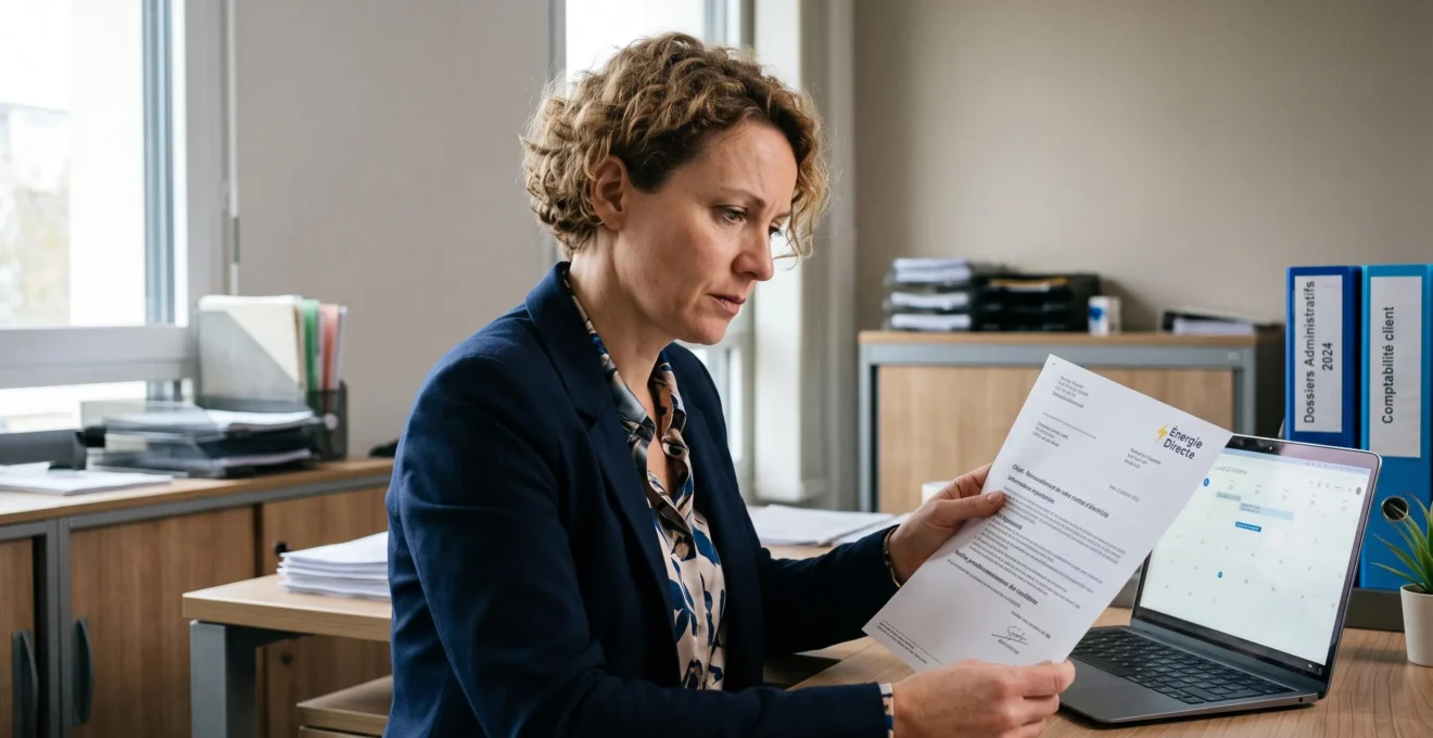 Responsable administrative d'entreprise lisant attentivement un courrier de renouvellement de contrat énergie dans son bureau professionnel