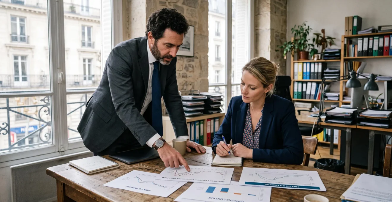 Un consultant énergie explique des graphiques de prix de gros à un dirigeant d'entreprise.