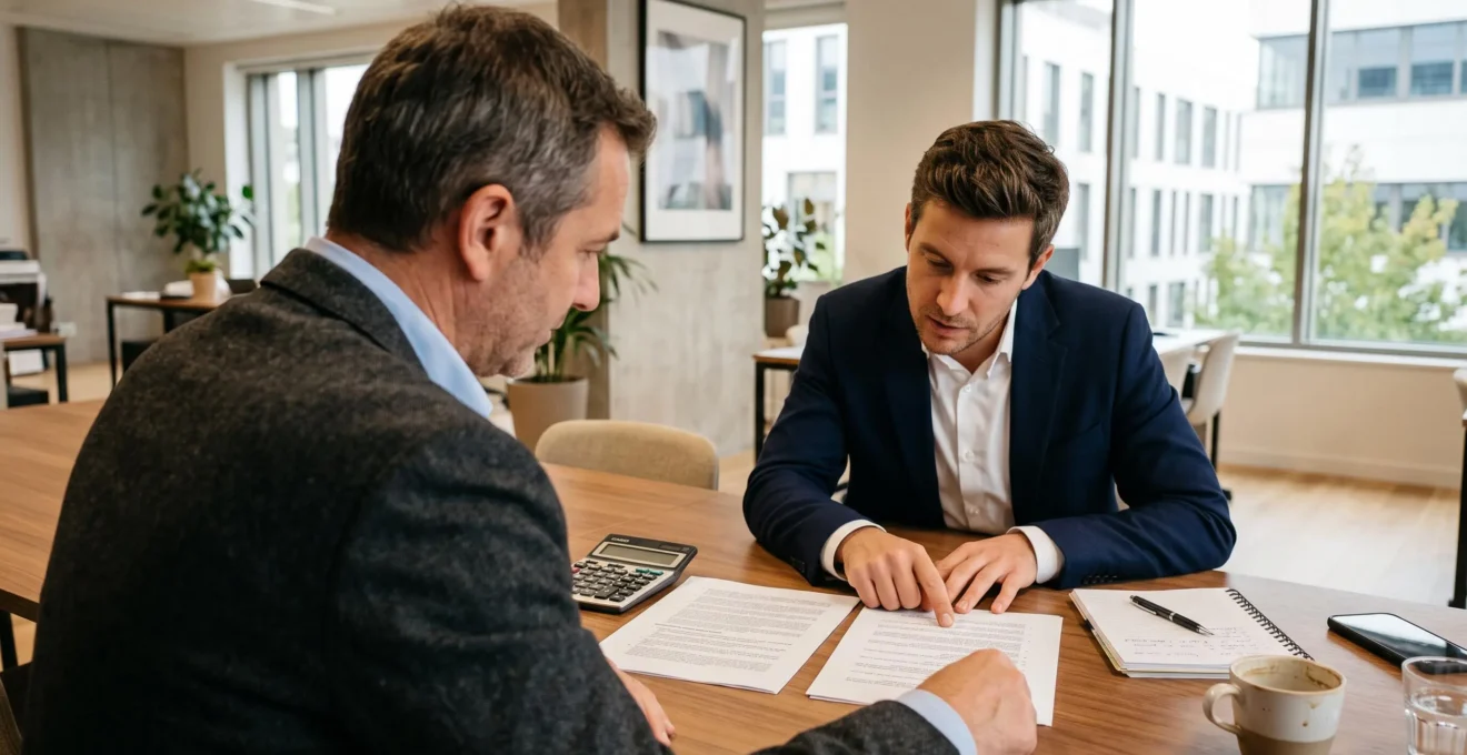 Un courtier et un dirigeant comparent deux offres de contrat d'énergie sur une table de réunion.