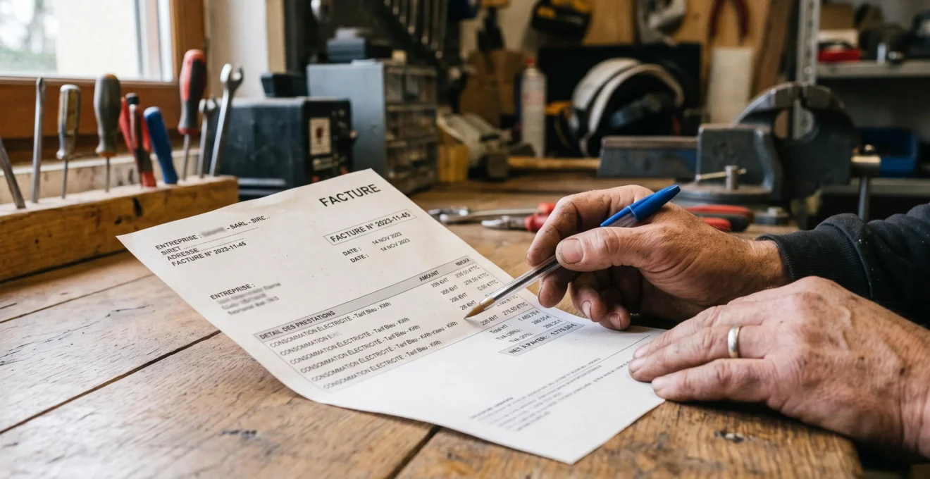 Une main pointe une ligne d'une facture d'énergie professionnelle posée sur un plan de travail.